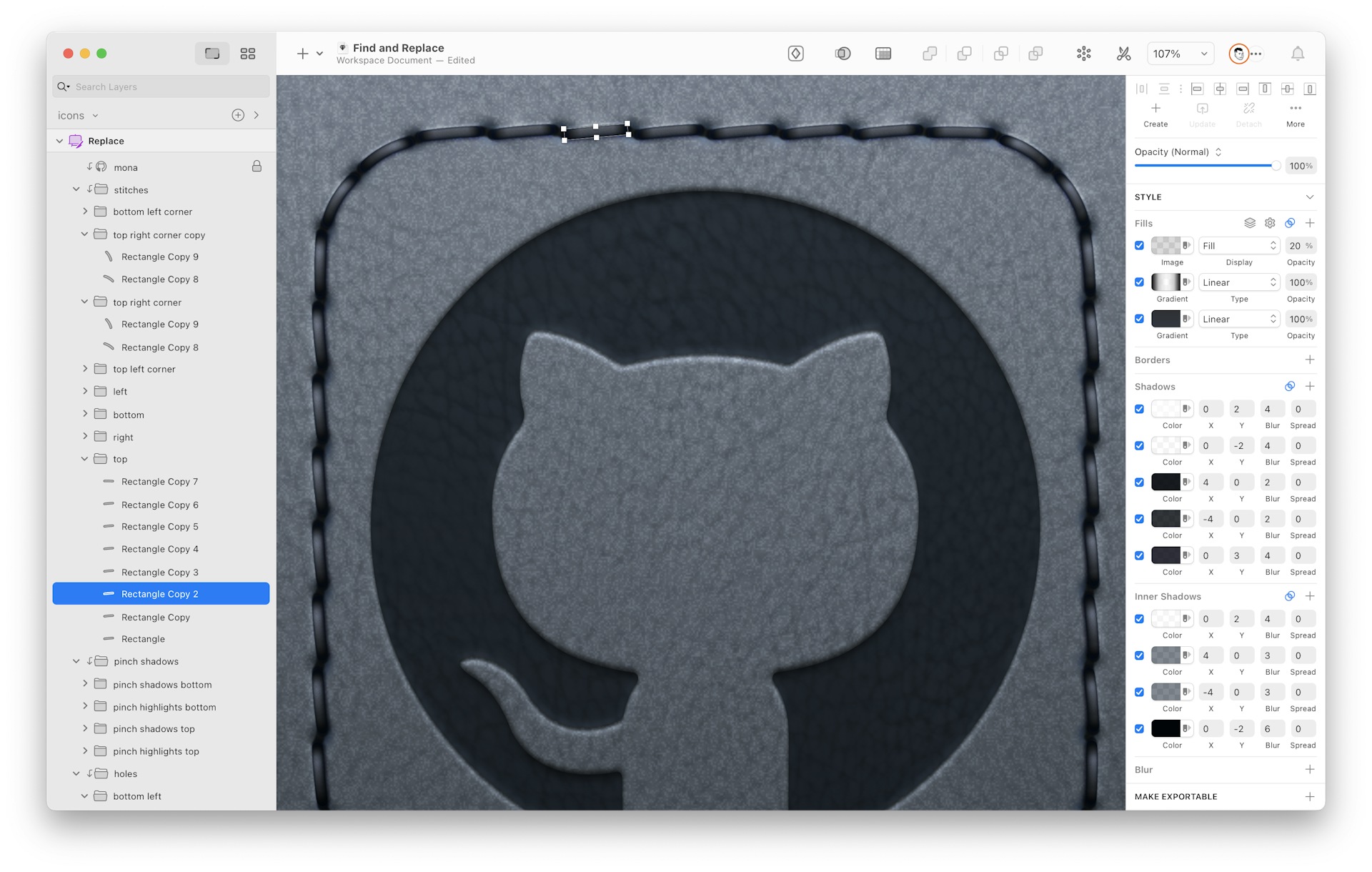 Gavin Nelson used 12 Layer Styles for each stitch in his leather-style GitHub Mobile icons