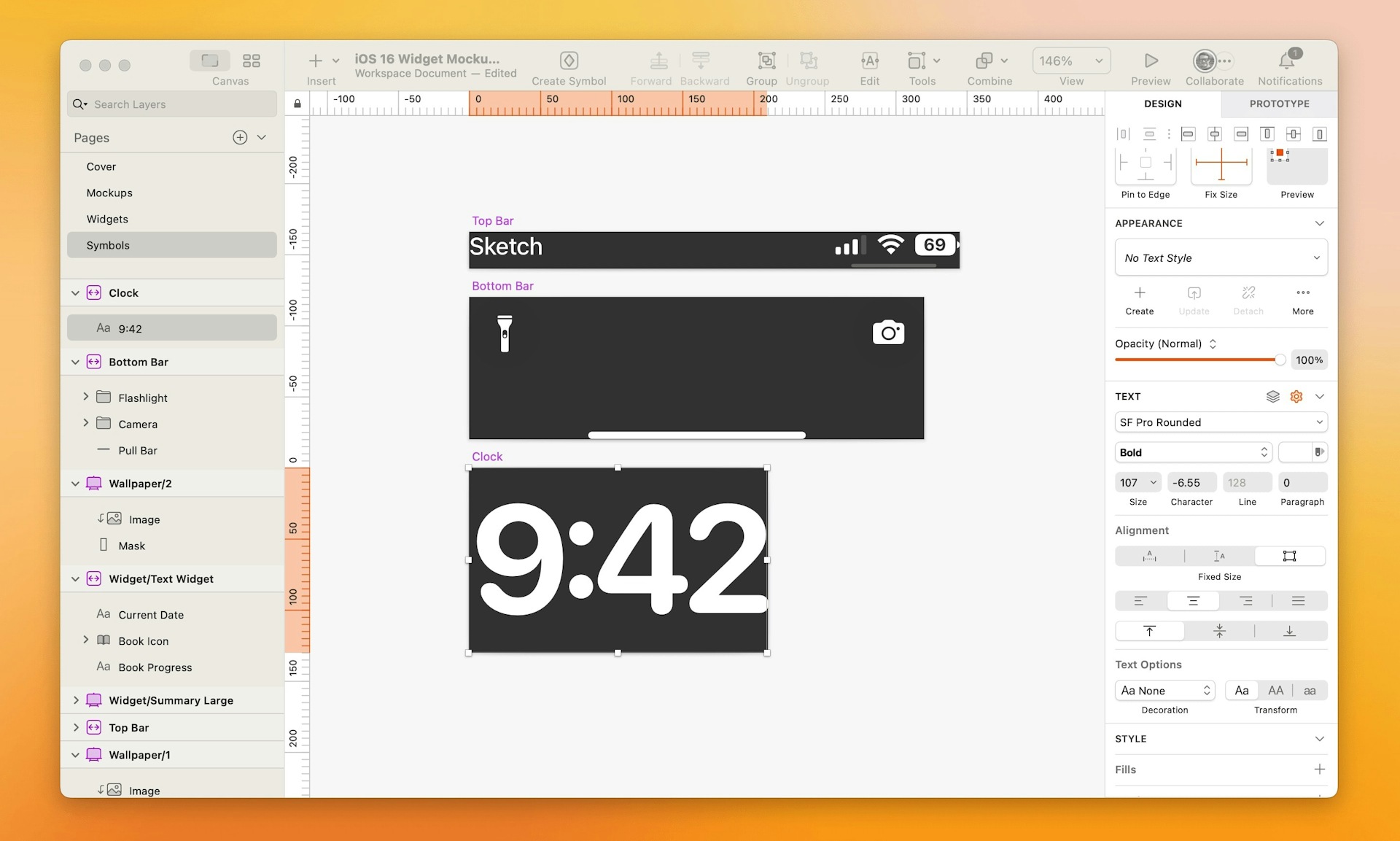 A screenshot showing three iPhone Lock Screen elements — the status bar, the clock and the torch and camera buttons — as Symbols in a Sketch document.