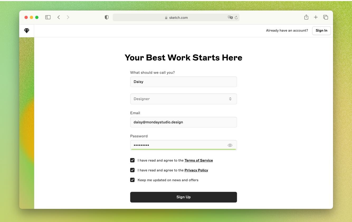 screenshot of the Sketch sign up flow showing how the UX has been simplified