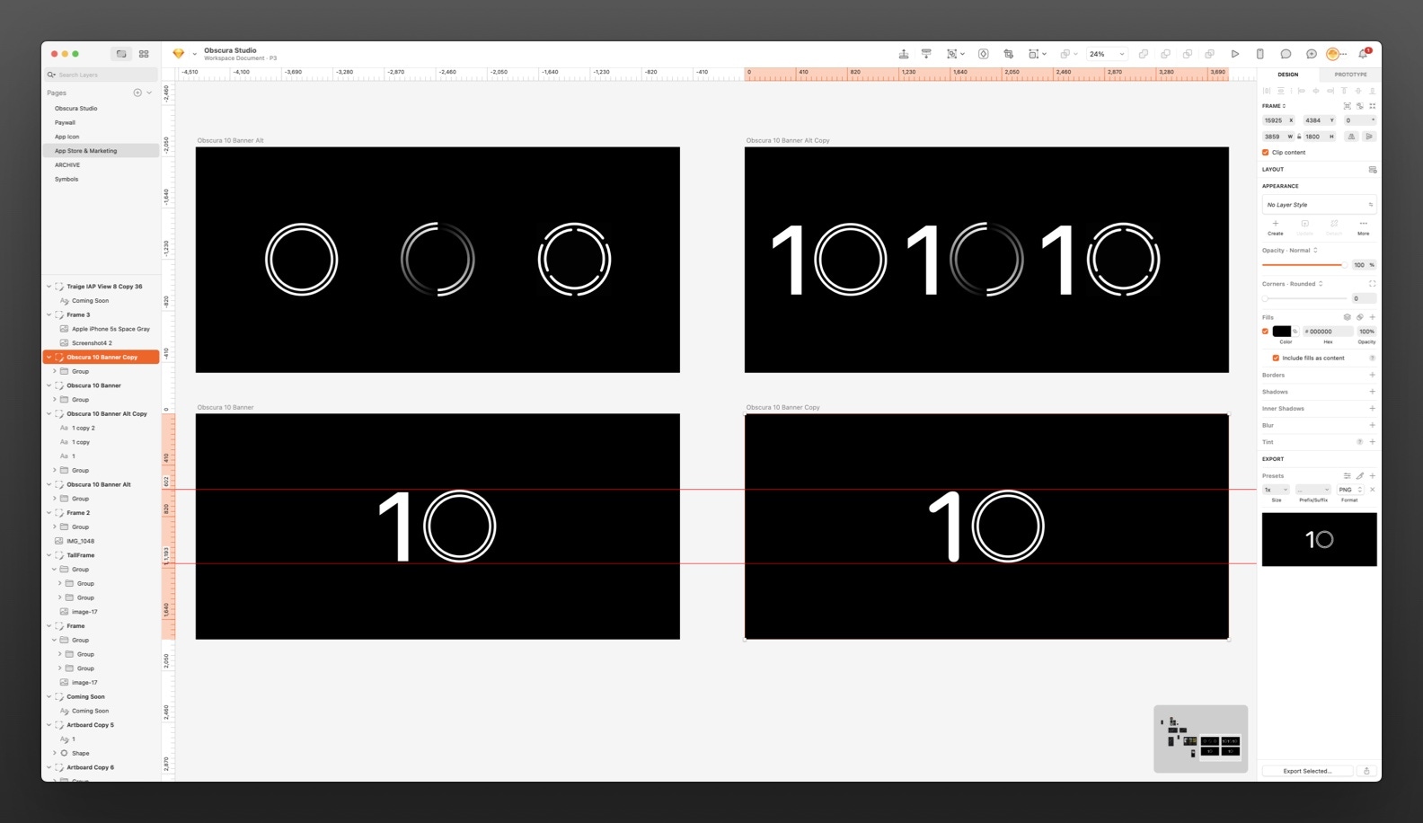 A Sketch file showing early explorations for Obscura’s 10-year mark, combining the number ‘10’ with variations of the app’s circular icon.