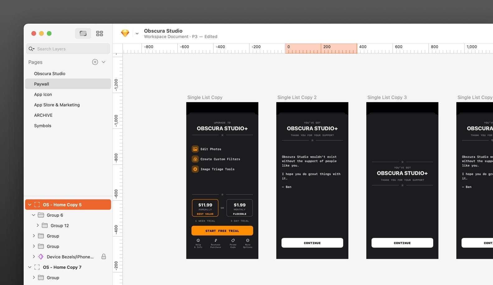A design file showing Obscura Studio’s onboarding flow, with multiple screens explaining core features using minimal UI and sample photos.