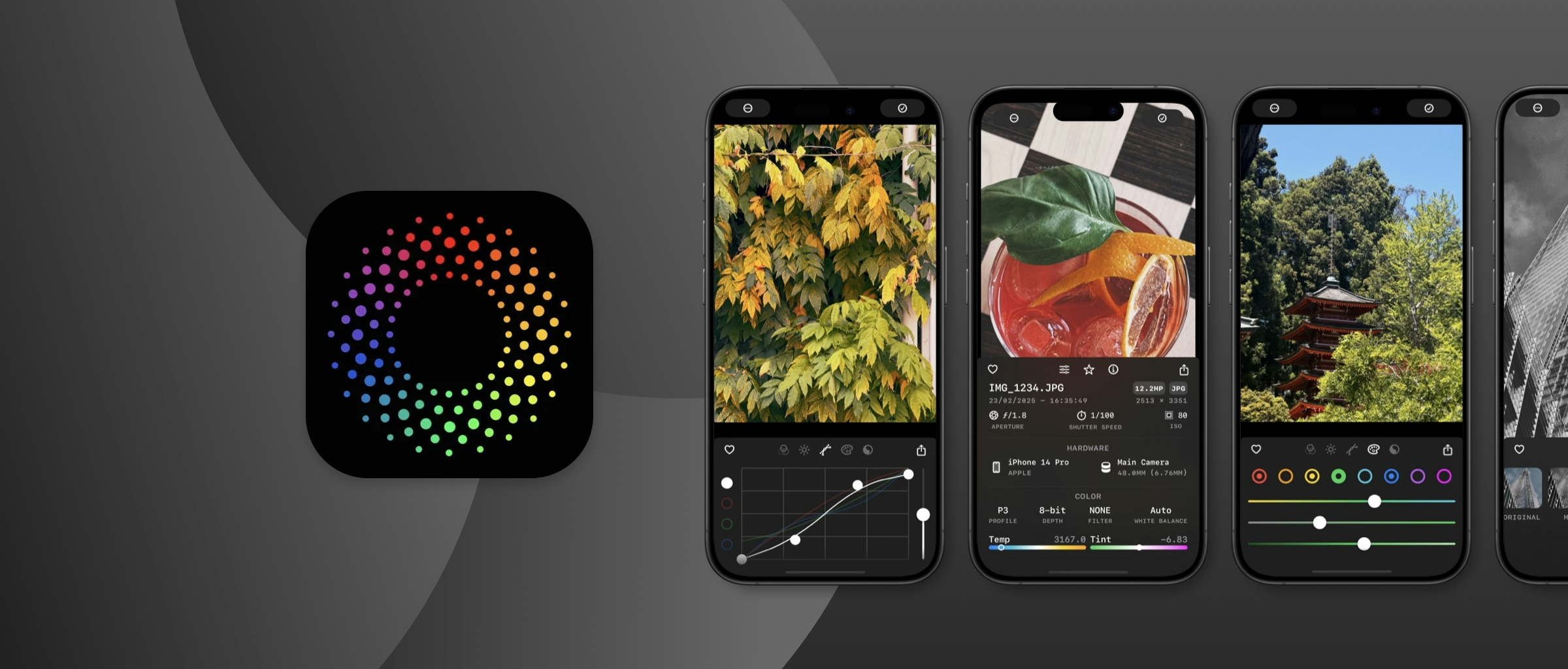 App icon and screenshots from Obscura Studio showing some if its editing tools, including color curves, metadata, and simple sliders across several iPhone screens.