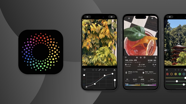 App icon and screenshots from Obscura Studio showing some if its editing tools, including color curves, metadata, and simple sliders across several iPhone screens.