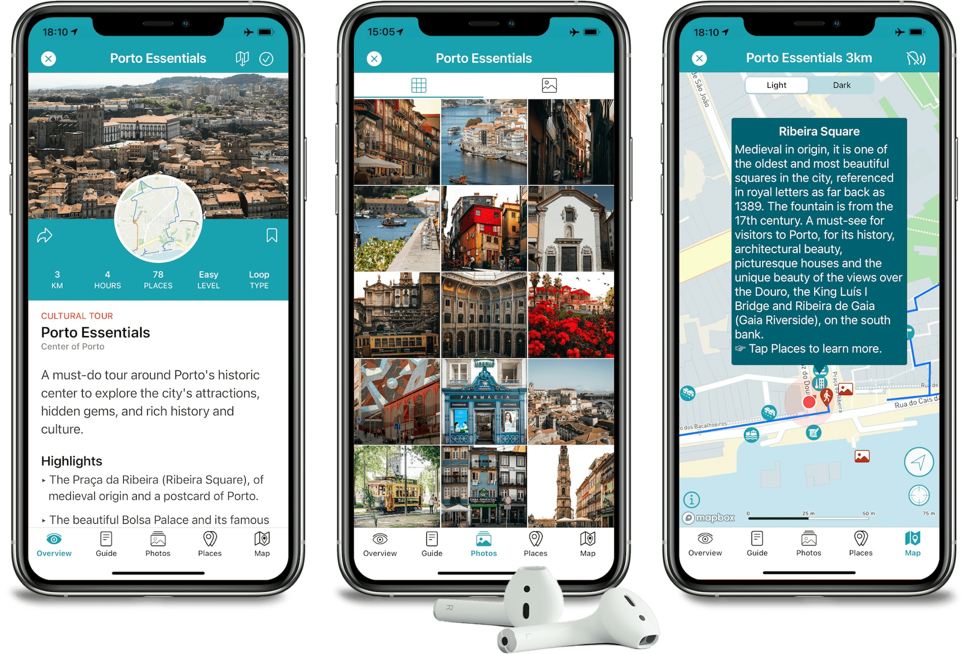 An image showing three screenshots of the Walkbox app, featuring its walking tours in Porto.