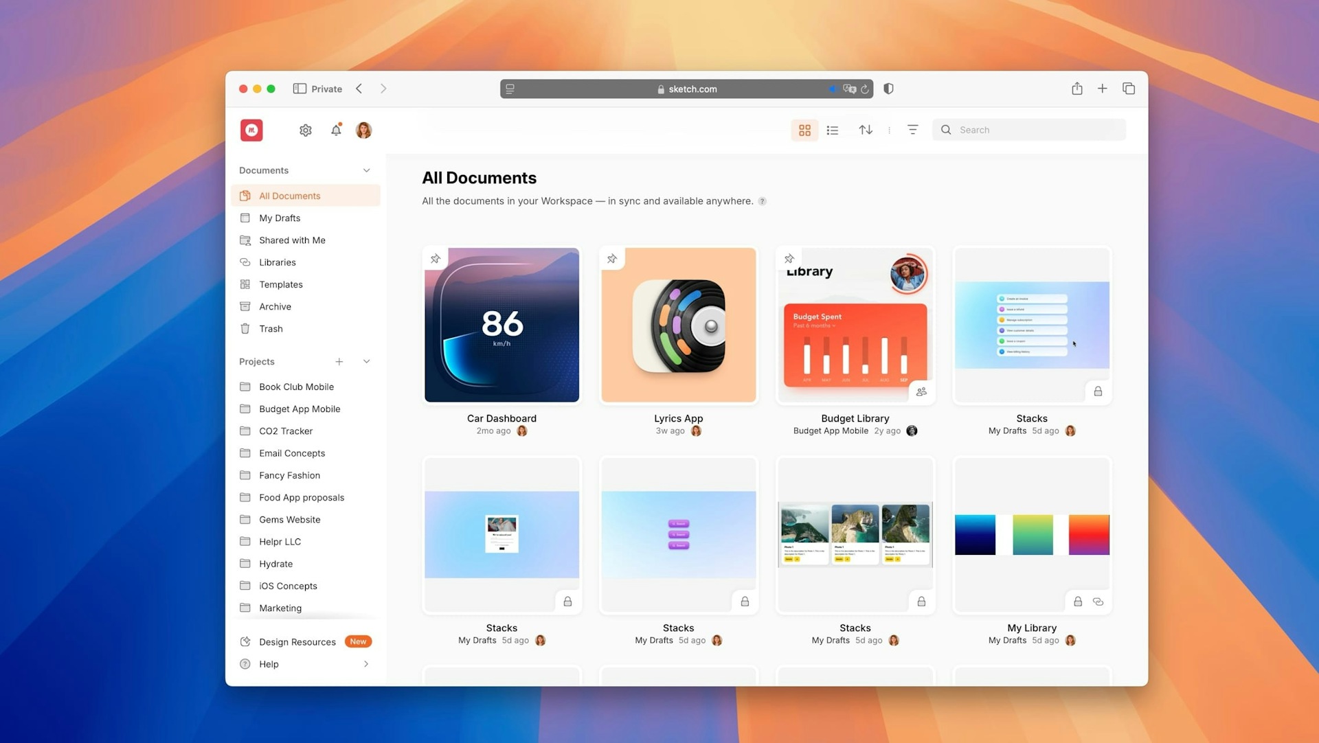 A Workspace homepage is listed in grid view in the Sketch web app.