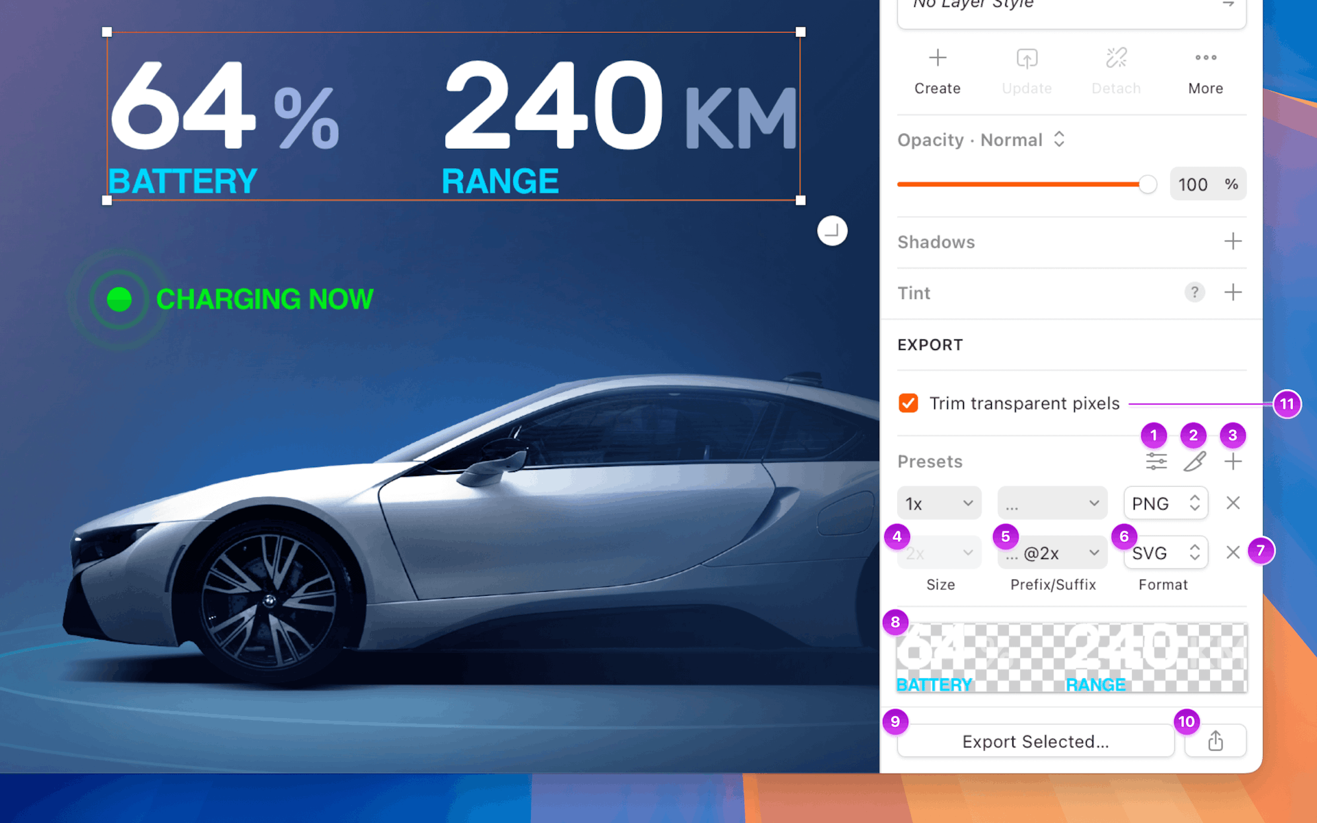 An annotated image showing image export options in the Inspector