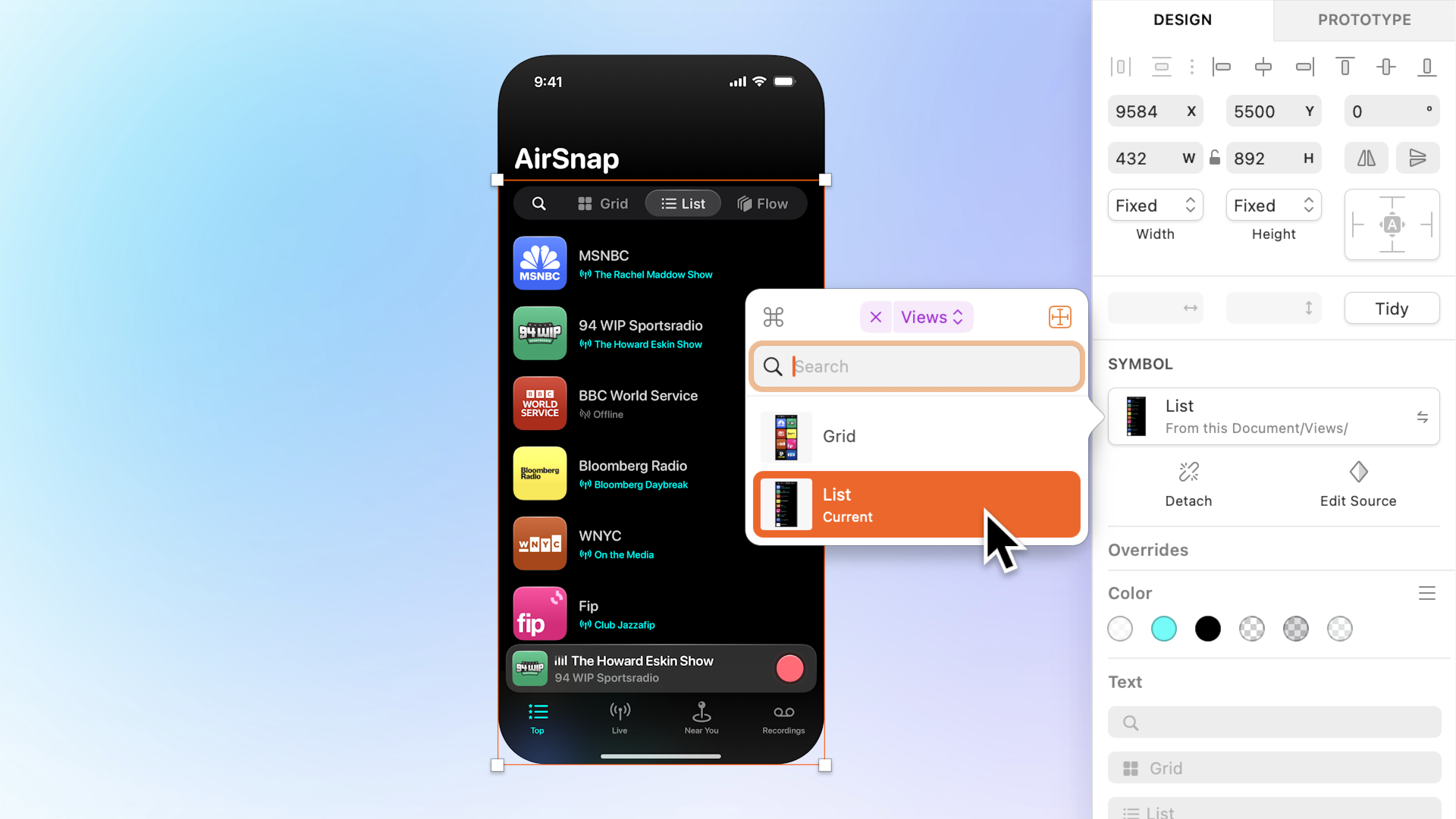 The Component replace popover open showing Symbols. Each Symbol is a row with a small preview to the left, and its name to the right. The current Symbol shows ‘current’ under its name.