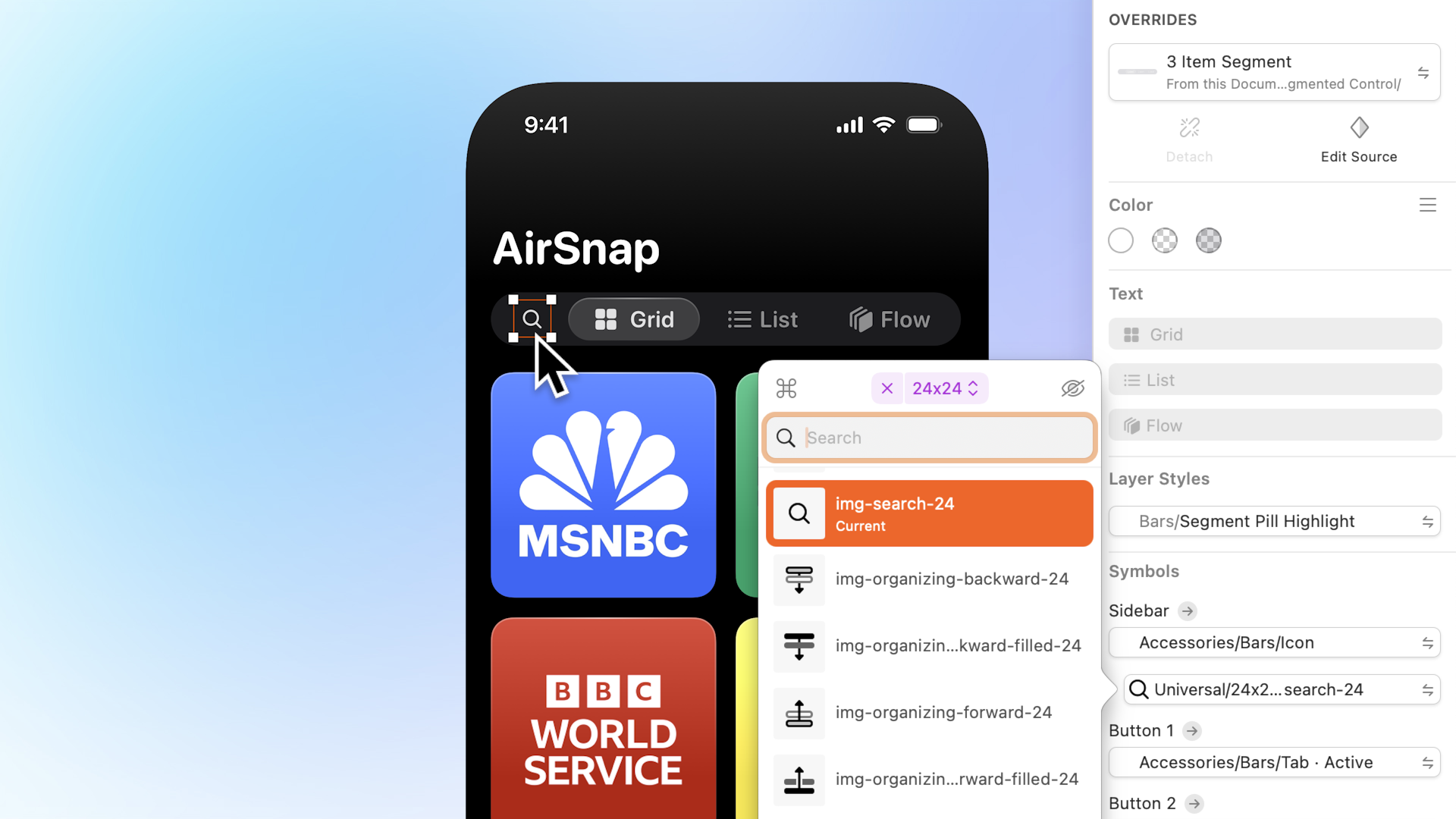 A mockup of an iOS internet radio app with a selected Symbol. A popover shows options to replace a nested Symbol, including a search field and a list of Symbols. At the top are buttons for command, size selection (‘24×24’), and visibility toggle.