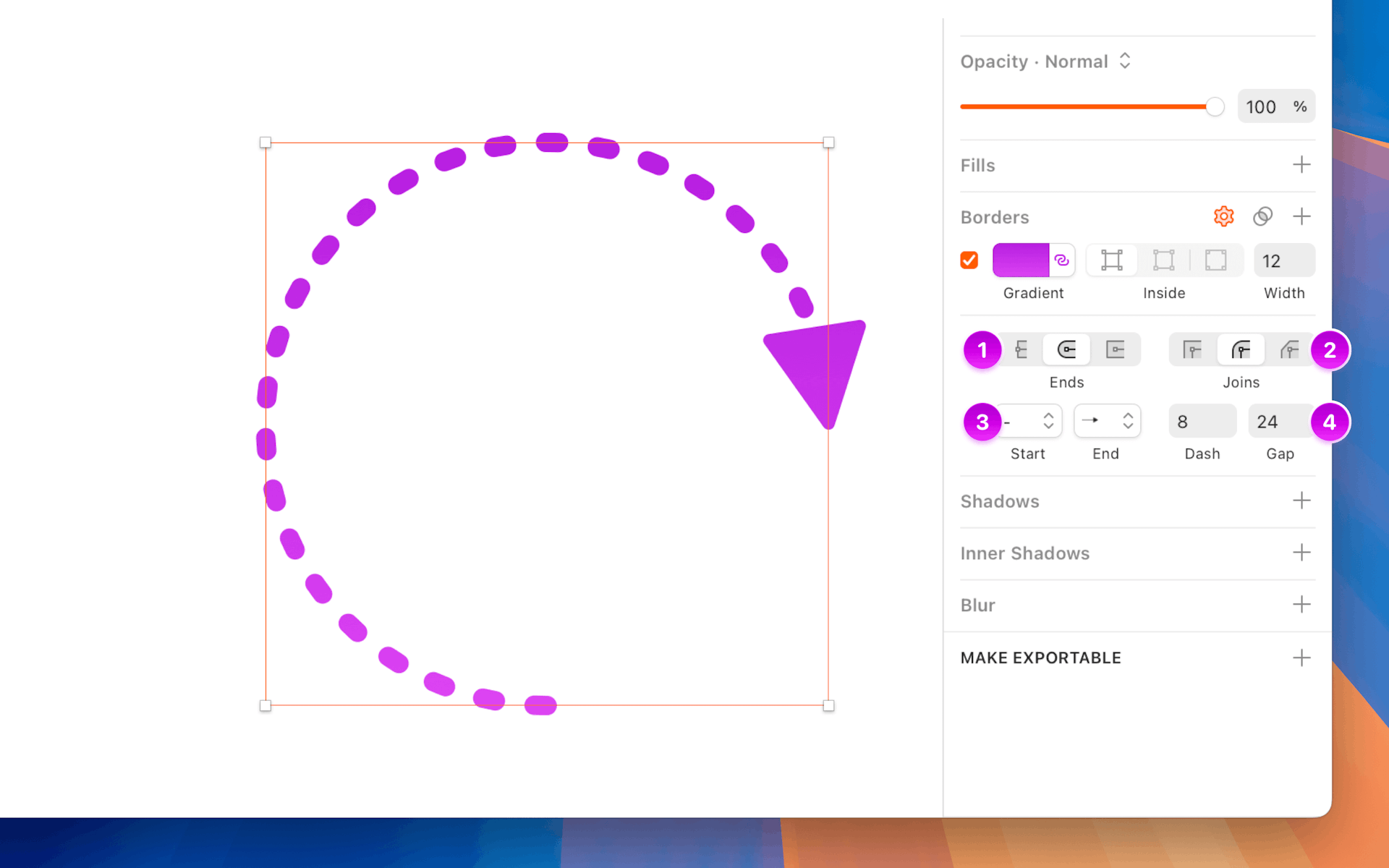 An annotated image showing the different border options available in the Inspector.