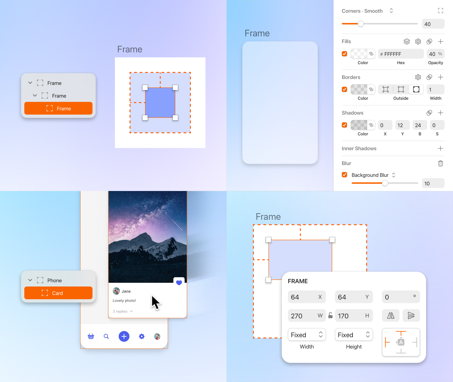 Multiple examples of frames showing nesting, selection outlines, styles, blur effects, and size settings. Also shows a UI layout with a photo card and an open Inspector panel.