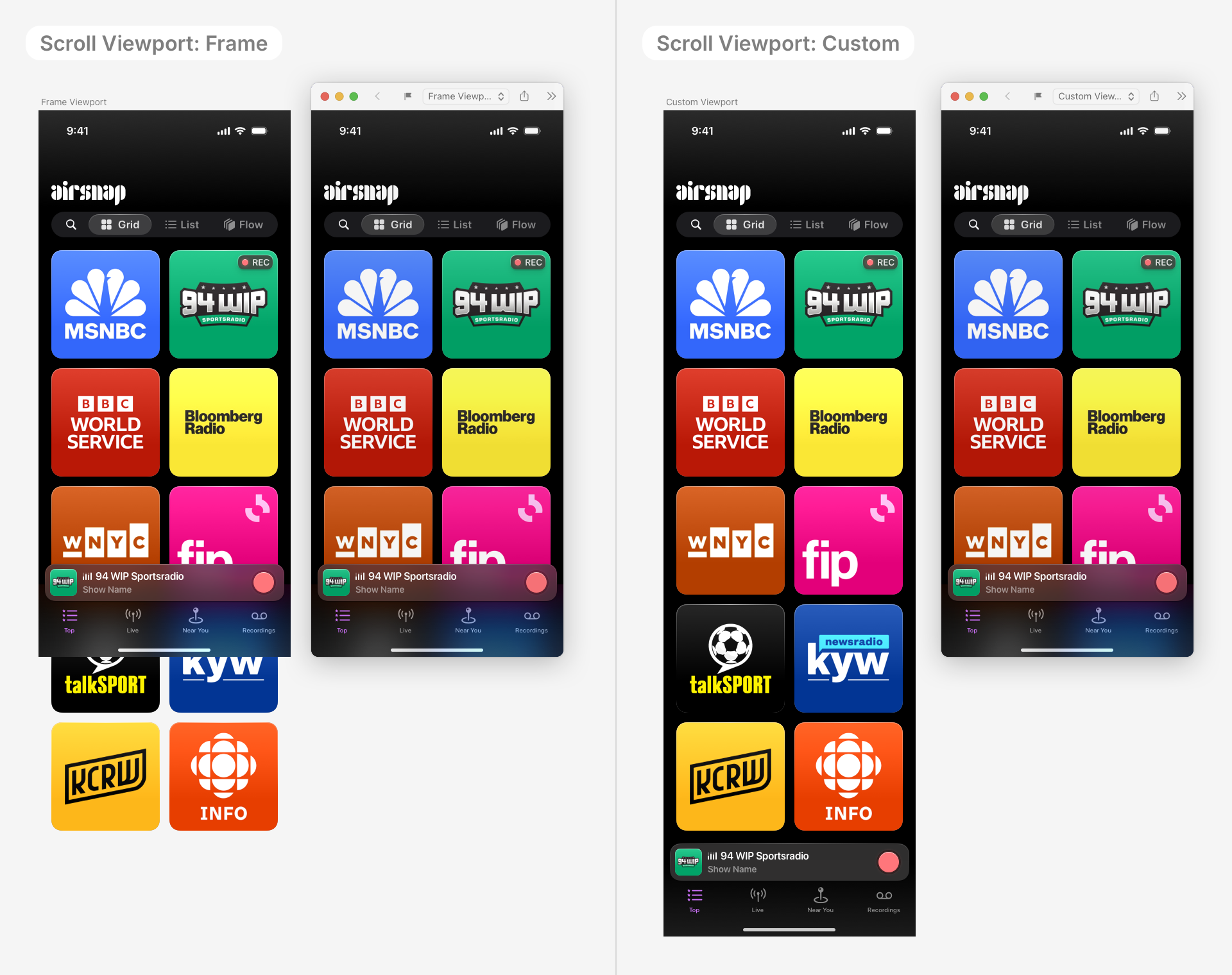 Comparison of scroll behavior using frame and custom viewports. The left pair shows the full scrollable content visible in a frame-based viewport, while the right pair shows a limited scroll area defined by a custom viewport.