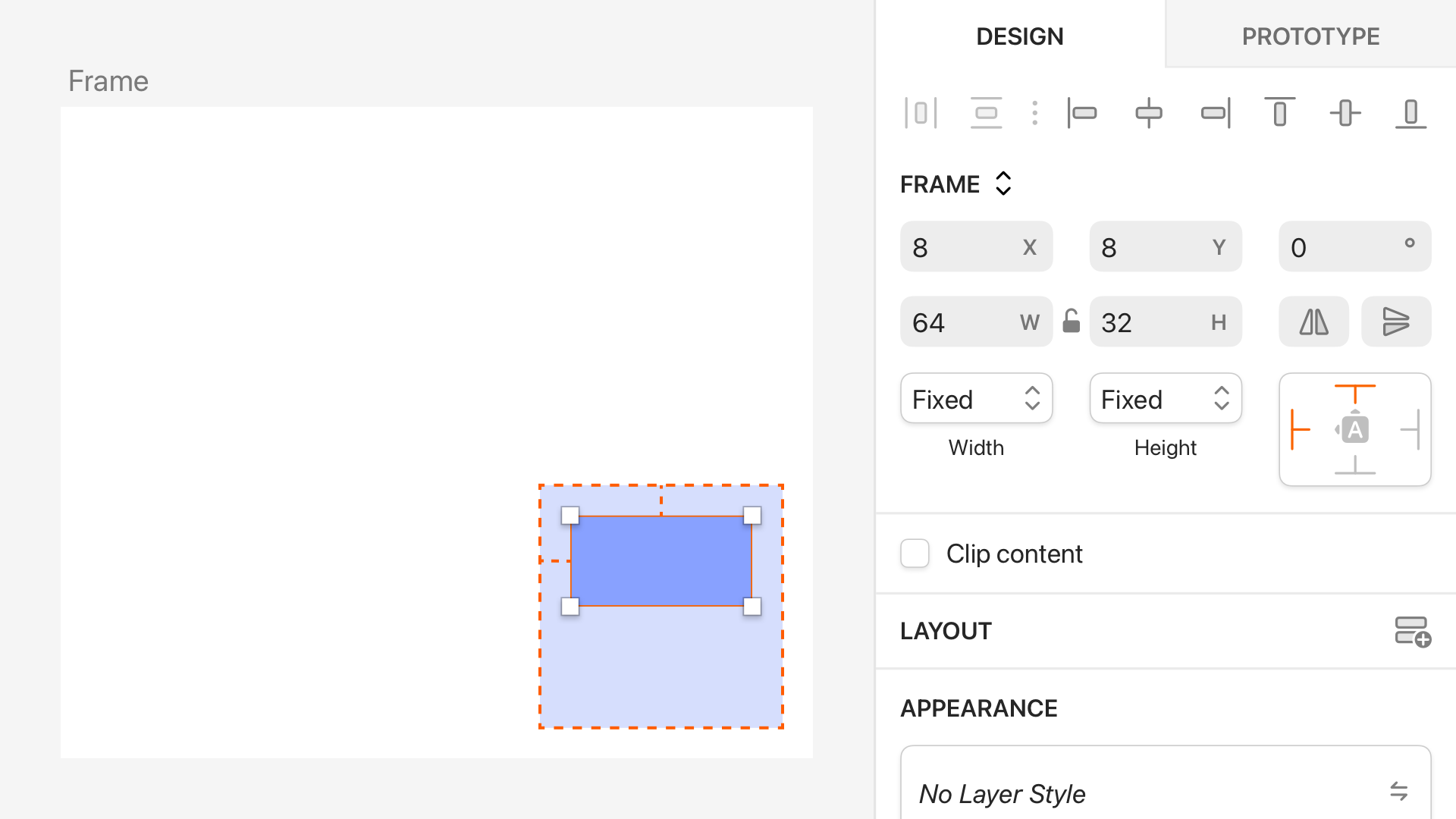 A nested frame with fixed width and height positioned at the bottom of its parent. Inspector settings show coordinates, size, and alignment controls.