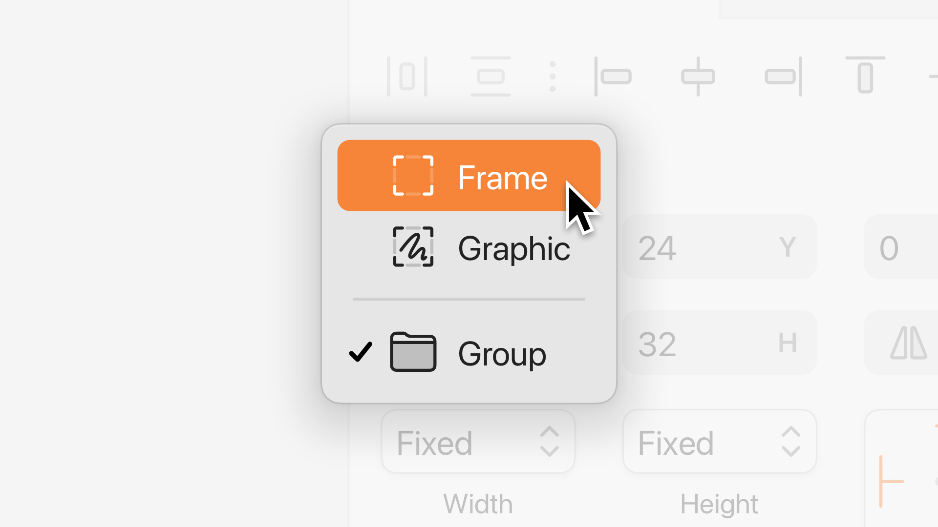 Dropdown menu showing options to convert a group into a frame or graphic. The frame option is highlighted, and the current selection is group.
