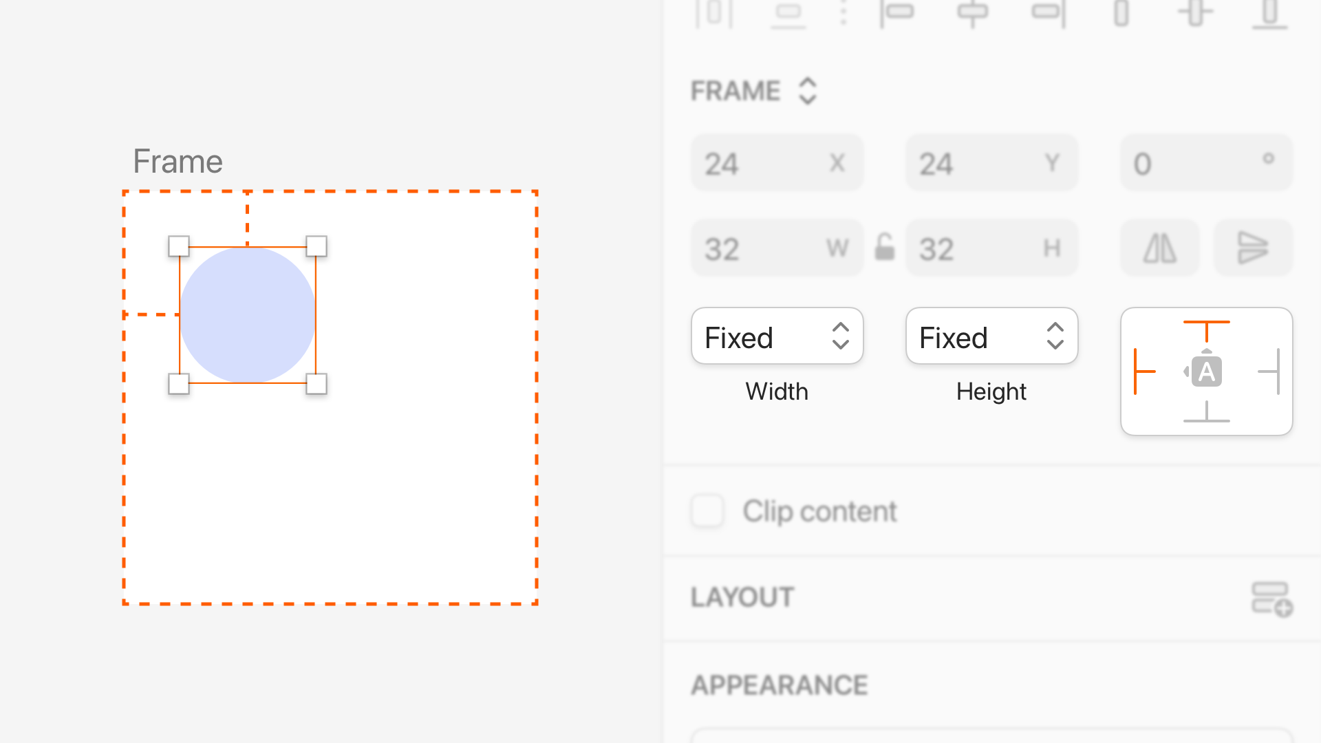 A nested frame with fixed width and height settings, aligned to the top-left of its parent. Resizing controls are shown in the inspector.