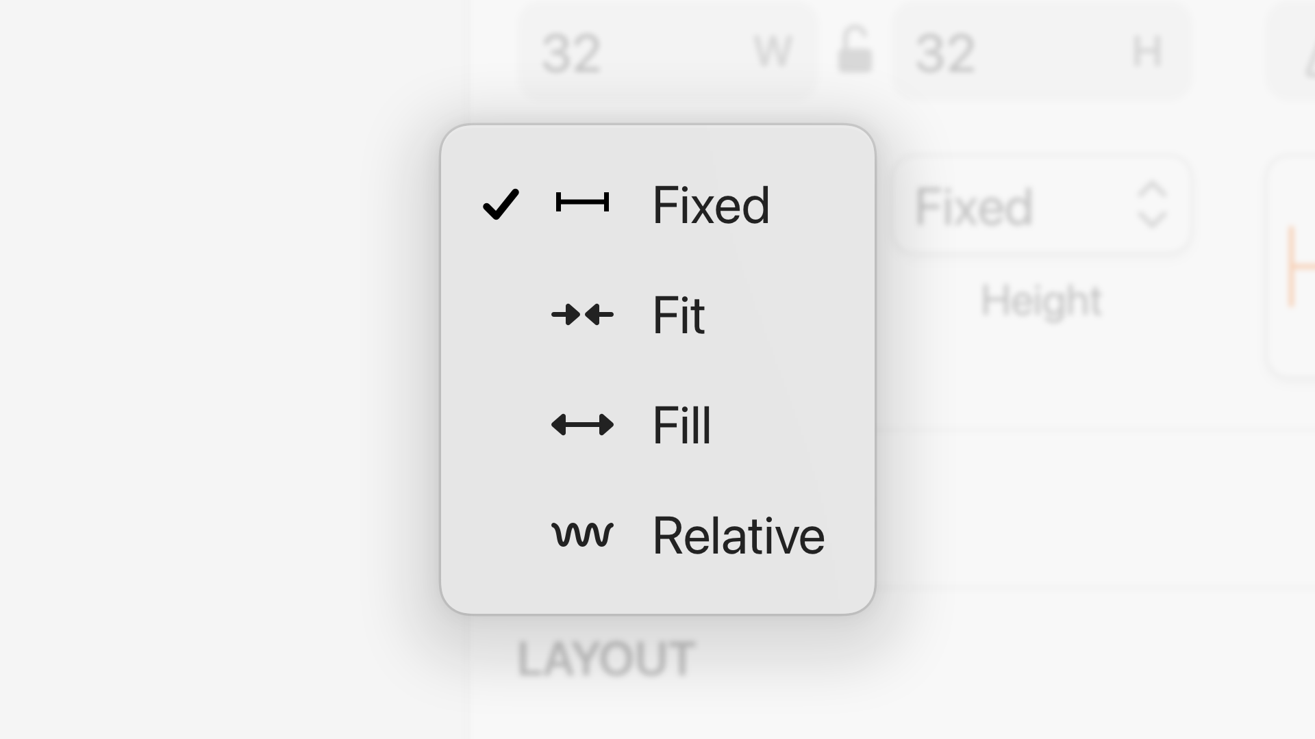 Dropdown menu showing four resizing options for frames: fixed, fit, fill, and relative. Fixed is currently selected.