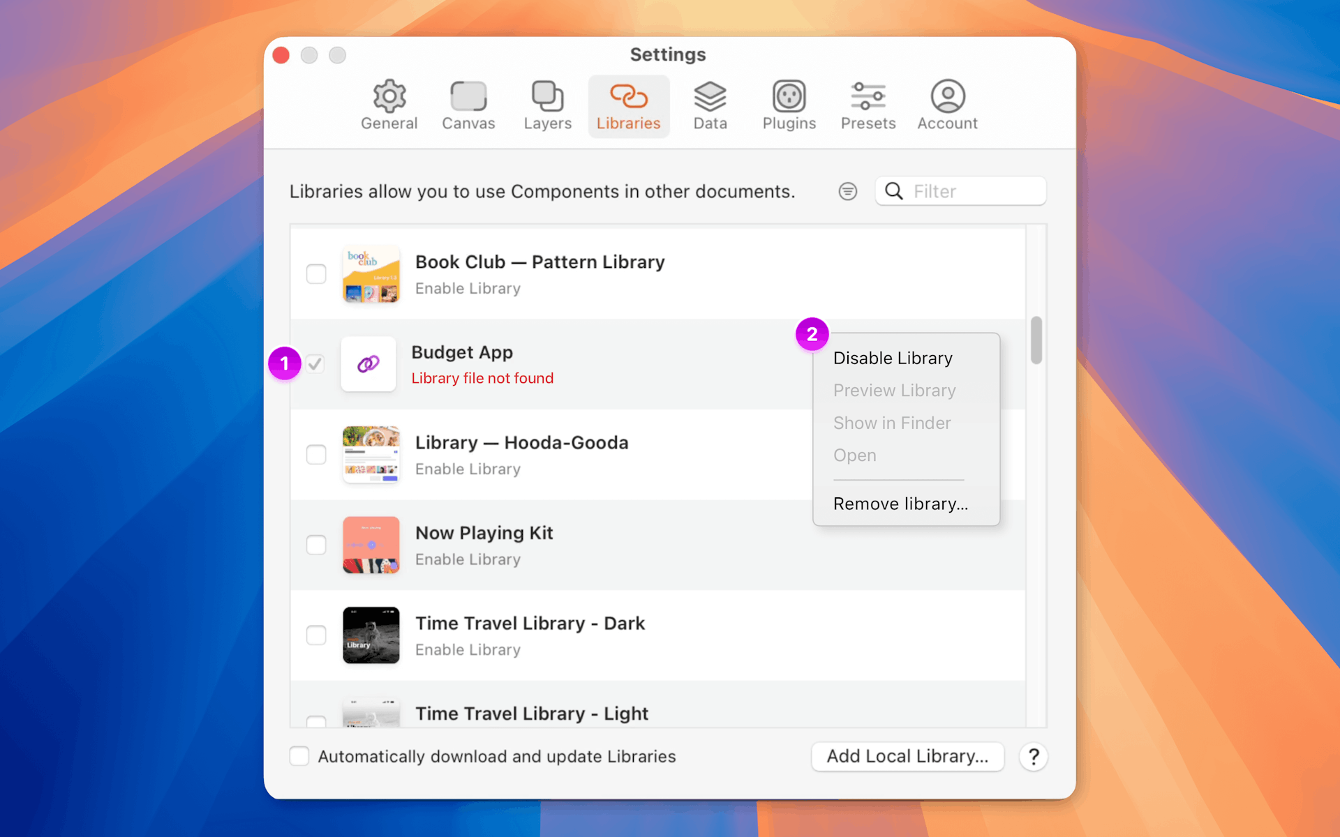 An annotated image showing the Libraries tab of the Settings window showing a missing library.