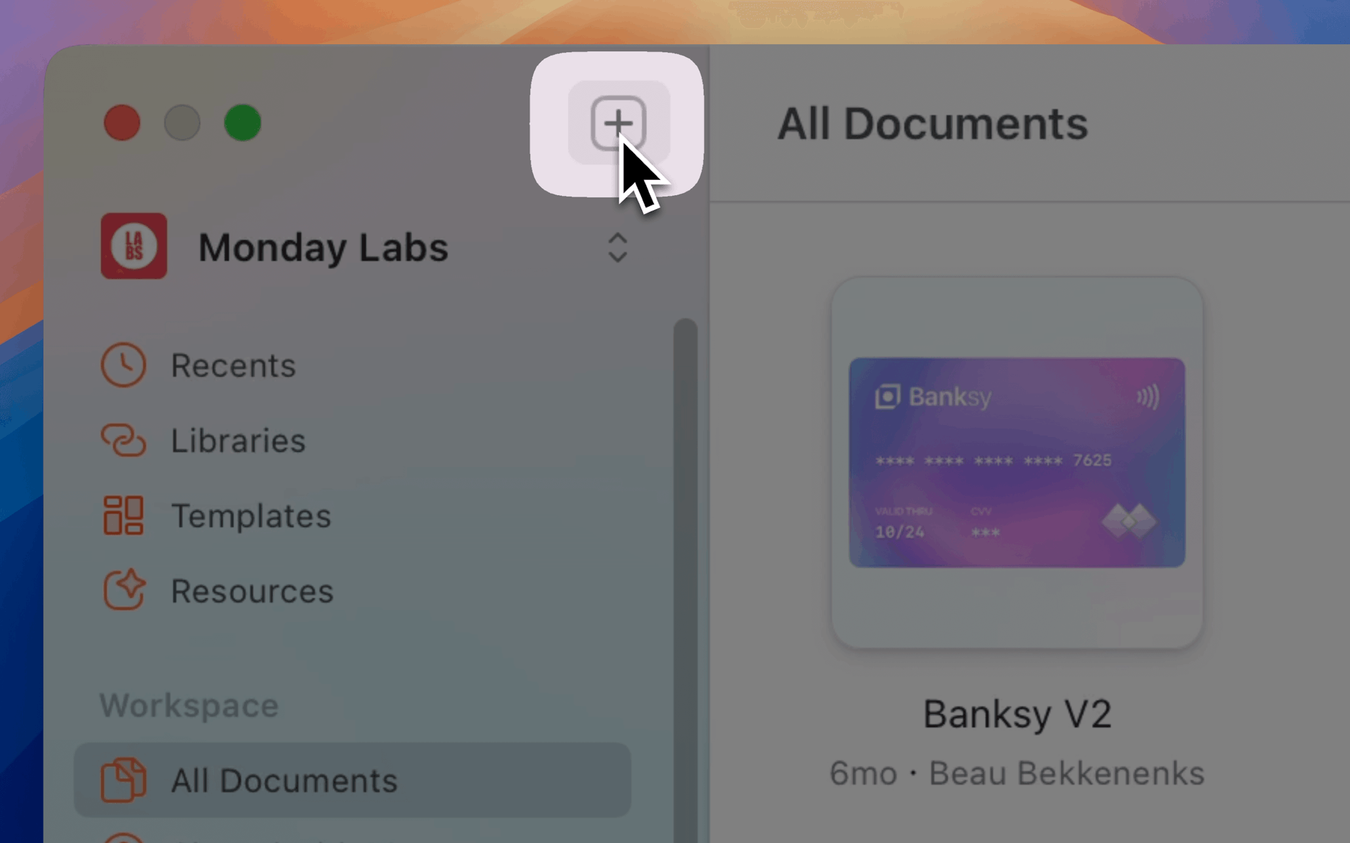 An image showing how to create new documents from Sketch’s Workspace window