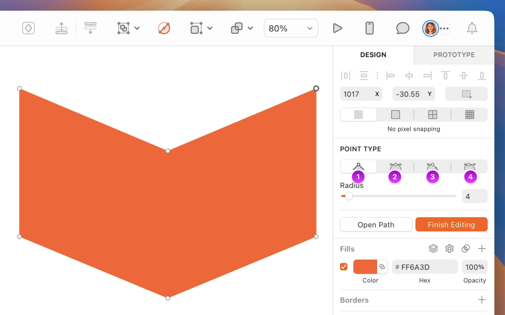 An image showing the four different point types you can use in vector editing mode