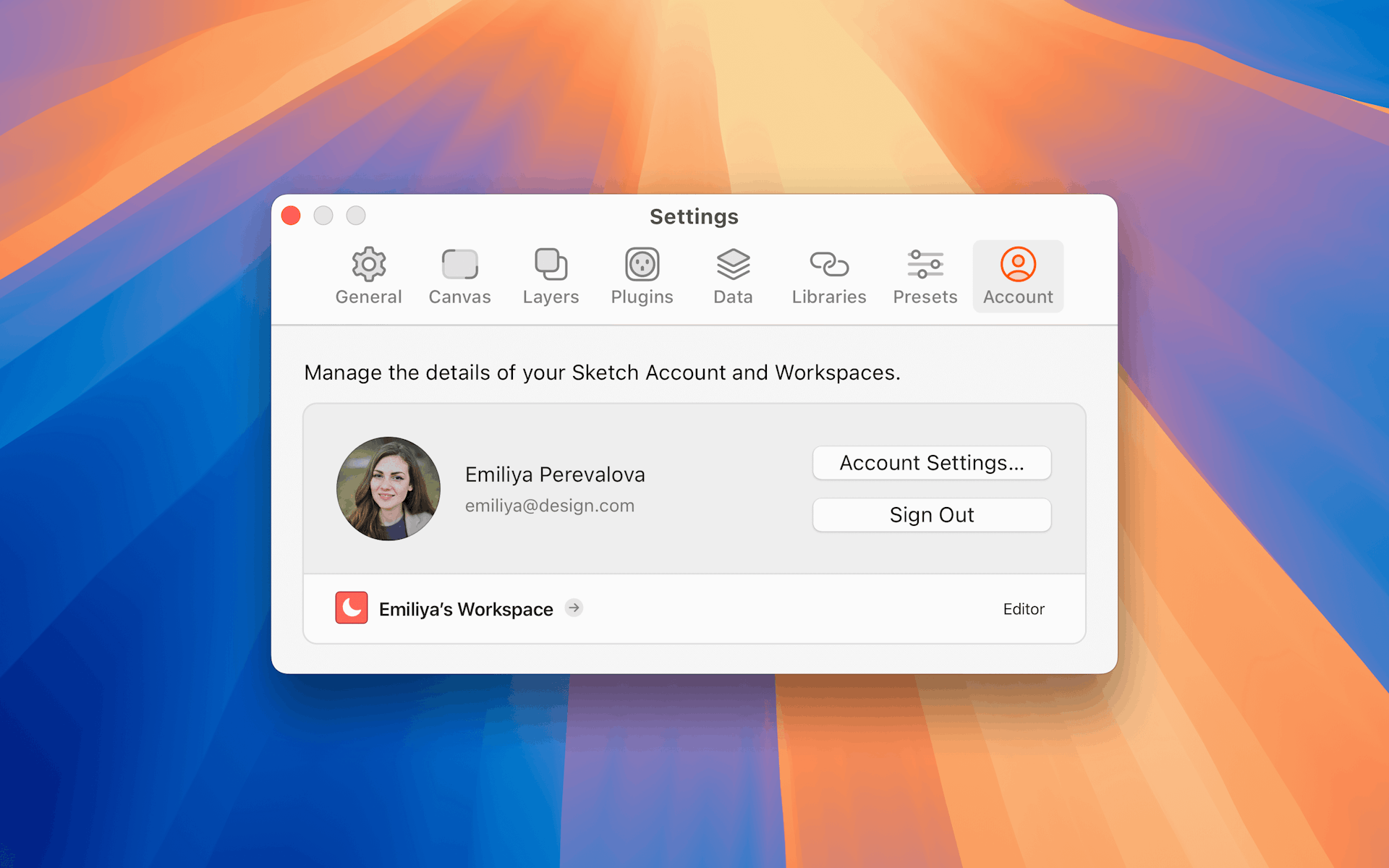 A screenshot showing the Account tab in the Settings window in the Mac app