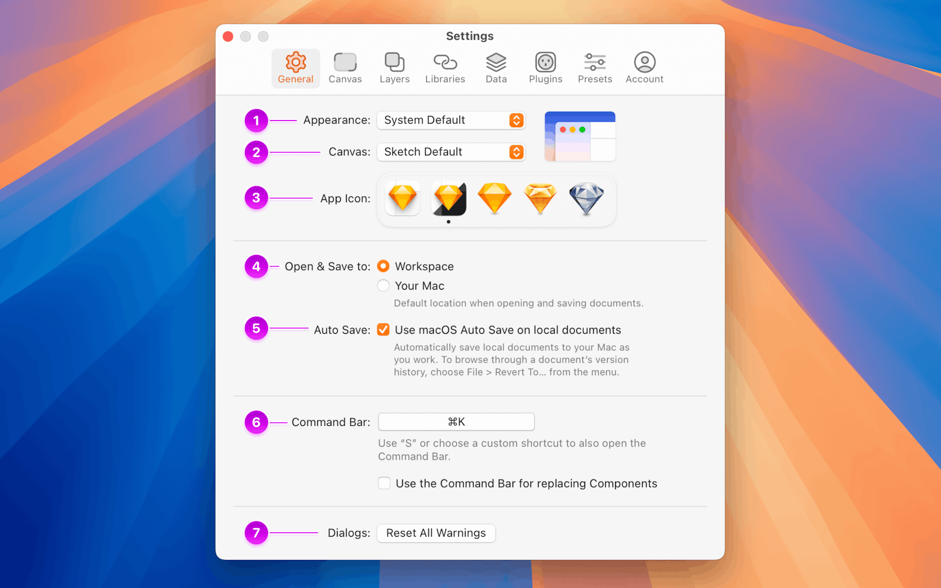 An annotated image showing the General tab in Settings