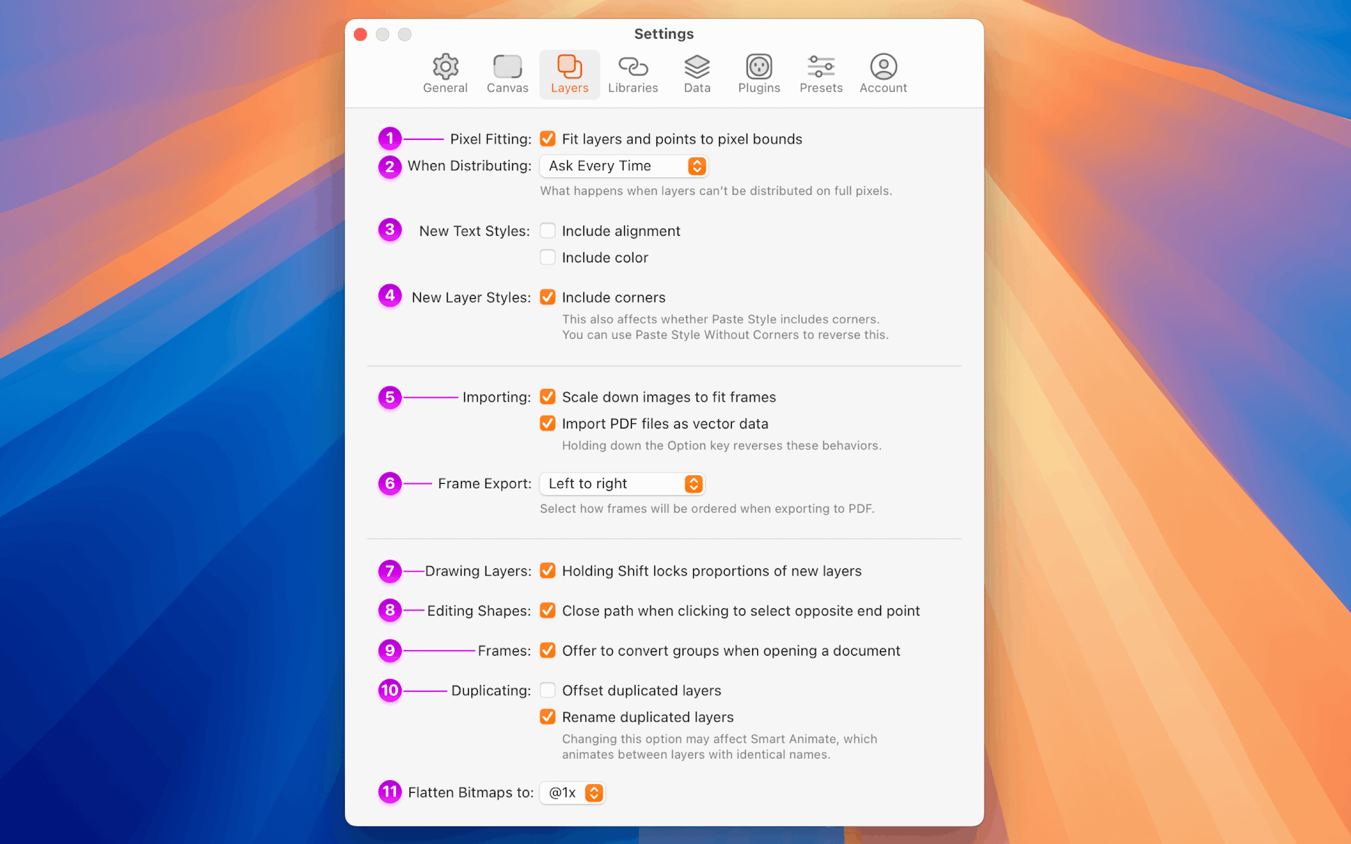 An annotated image showing the Layers tab in Settings