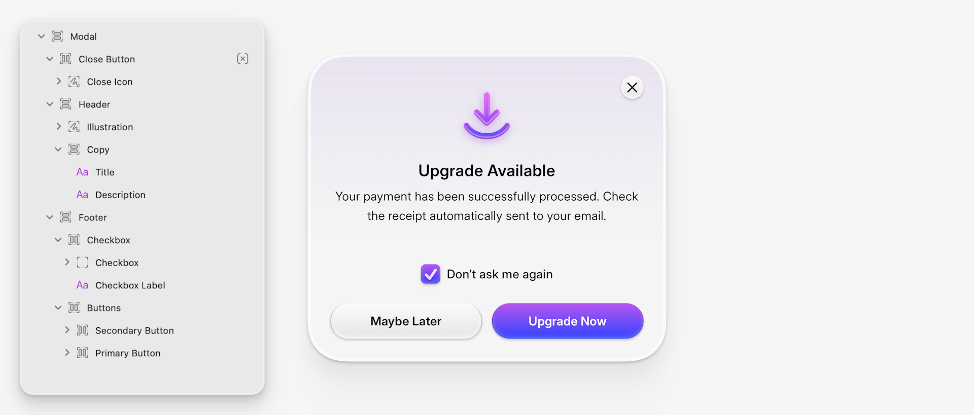 A modal dialog in Sketch showing a layered structure with title, description, checkbox, and buttons. The left panel displays the nested stack hierarchy, highlighting how the layout is organized.