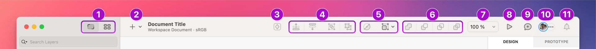 An annotated image showing the default toolbar options in the Mac app