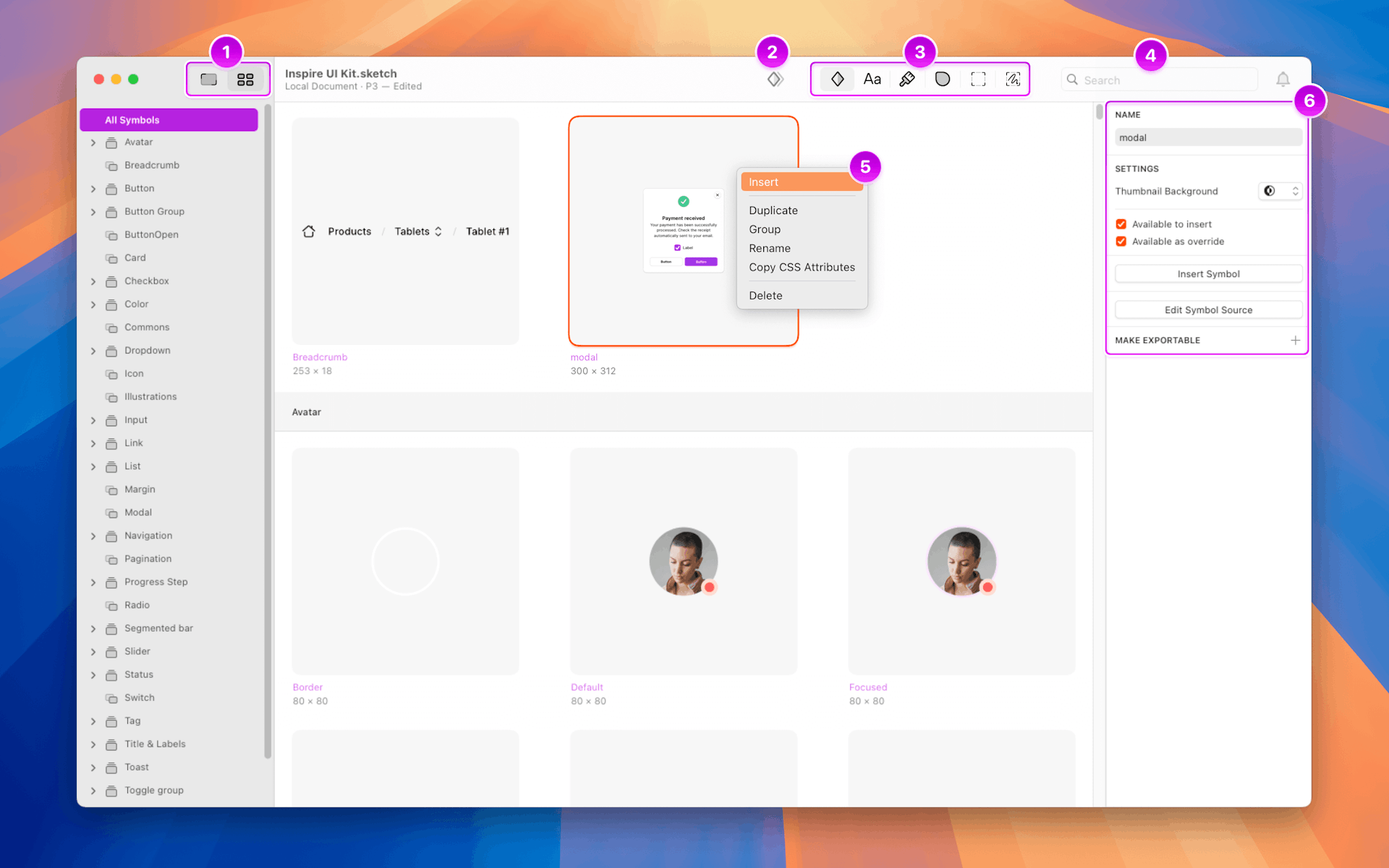 An annotated image showing the different parts of the Components View.